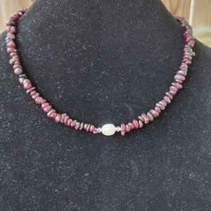Artisan Tumbled Garnet and Pearl Necklace with Swarovski Crystal Accent